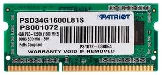 Оперативная память Patriot Memory SL 4 ГБ DDR3L 1600 МГц SODIMM CL11 PSD34G1600L81S 1986355028