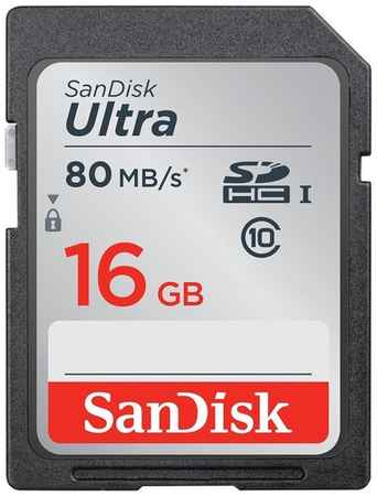 Карта памяти SanDisk SDHC 16 ГБ Class 10, V10, A1, UHS-I, R/W 80/10 МБ/с, 1 шт., серый