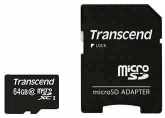 Карта памяти Transcend microSDXC 64 ГБ Class 10, V10, A1, UHS-I U1, R 45 МБ/с, 1 шт., черный 1987882585