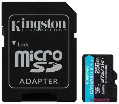 Kingston Canvas Go! Plus microSDXC 256 ГБ Class 10, V30, A2, UHS-I U3, R/W 170/90 МБ/с, адаптер на SD