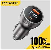 Автомобильное зарядное устройство Essager с индикатором тока из алюминиевого сплава мощностью 100 Вт, 5 ампер, USB Type-C, PD 3.0, PPS, QC 3.0, QC 4.0