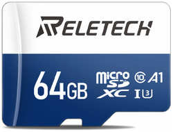 Карта памяти Reletech micro SD A1 64ГБ Для Цифровая камера, камера наблюдения, дрон, регистратор вождения, синий и белый