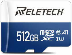 Карта памяти Reletech micro SD A1 512 ГБ Для Цифровая камера, камера наблюдения, дрон, регистратор вождения, синий и белый