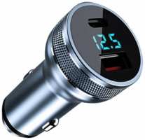 MEGA Зарядное устройство для смартфонов, планшетов в прикуриватель автомобиля с двумя портами USB Type-A и USB Type-C, с быстрой зарядкой 55W, с индикацией вольтметра