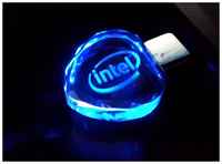 Стеклянная флешка с кристаллом сердце под гравировку 3D логотипа (64 Гб  /  GB USB 2.0 Синий / Blue cristal-03 apexto AP-UG004, LED)