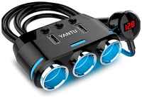 YANTU Разветвитель прикуривателя с кабелем на 3 розетки 2 USB 3.1A