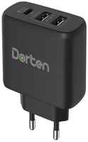 СЗУ Dorten 3-Port USB Smart ID 37W Wall Quick Charger: QC4+/PD3.0+2.4A