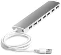 GCR USB Hub 2.0 на 7 портов, 0.6m, Plug&Play, LED, silver + разъем для доп питания