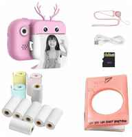 Детский фотоаппарат Deer (Оленёнок), с моментальной печатью PRINTCAM (Micro-SD карта, 10 рулонов фотобумаги и фотоальбом в комплекте) розовый