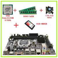Intel Материнская плата Комплект Мат. плата H61 1155 Сокет + Core i3-2100 3.1Ghz + 16Gb DDR3 + SSD 480GB + CPU Fan