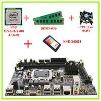 Intel Материнская плата Комплект Мат. плата H61 1155 Сокет + Core i3-2100 3.1Ghz + 4Gb DDR3 + SSD 240GB + CPU Fan