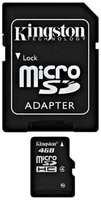 Карта памяти Kingston microSDHC 16 ГБ Class 4, R 4 МБ / с, адаптер на SD, черный