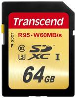 Карта памяти Transcend SDXC 64 ГБ Class 10, V60, A1, UHS-I U3, R/W 95/60 МБ/с, 1 шт., черный