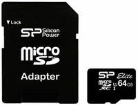 Карта памяти Silicon Power microSDXC 64 ГБ Class 10, V10, A1, UHS Class 1, R/W 85/15 МБ/с, адаптер на SD, 1 шт., черный