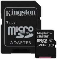 Карта памяти Kingston microSDXC 128 ГБ Class 10, V10, A1, UHS-I U1, R / W 80 / 10 МБ / с, адаптер на SD, 1 шт., белый