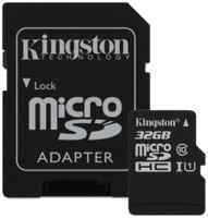 Карта памяти Kingston microSDHC 32 ГБ Class 10, UHS-I U1, R / W 80 / 10 МБ / с, адаптер на SD, черный