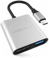 USB-хаб Hyper HyperDrive 4K HDMI 3-in-1 Hub для Macbook и других устройств с портом Type-C. Порты: 4K/30Hz HDMI, USB-C Power Delivery, USB-A. Цвет серебряный. Hyper HyperDrive 4K HDMI 3-in-1 USB-C Hub for MacBook & USB-C devices