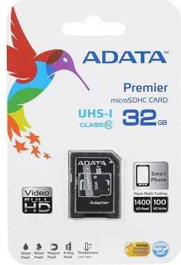 Карта памяти Micro SDHC 32Gb Class 10 A-Data UHS-I AUSDH32GUICL10-RA1 + адаптер SD 203244333
