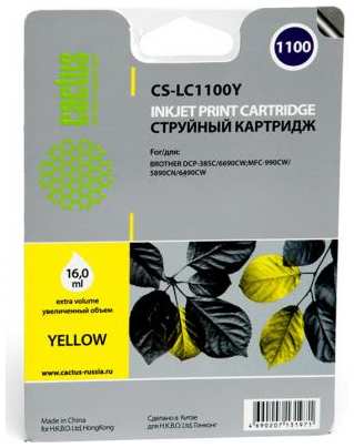 Картридж струйный Cactus CS-LC1100Y желтый для Brother DCP-385c/6690cw/MFC-990/5890/5895/6490 (16мл) 203313450
