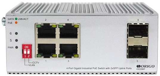 Origo Unmanaged Industrial Switch 4x1000Base-T PoE, 2x1000Base-X SFP, PoE Budget 120W, Surge 4KV, -40 to 75°C