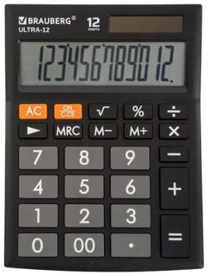 Калькулятор настольный BRAUBERG ULTRA-12-BK (192x143 мм), 12 разрядов, двойное питание, ЧЕРНЫЙ, 250491 2034085673