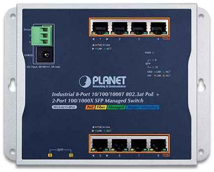 Planet IP30, IPv6/IPv4, 8-Port 1000T 802.3at PoE + 2-Port 100/1000X SFP Wall-mount Managed Ethernet Switch (-40 to 75 C, dual power input on 48-56VDC termina