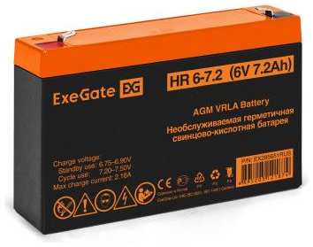Exegate EX285651RUS АКБ ExeGate HR 6-7.2 (6V 7.2Ah, клеммы F1) 2034128142