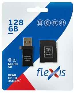Карта памяти microSDXC 128GB Cl10 U1, c адаптером и USB картридером, Flexis