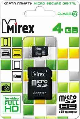 Карта памяти Micro SDHC 4GB Class 10 Mirex 13613-AD10SD04 + адаптер SD 2034404818