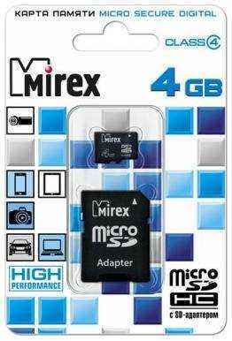 Флеш карта microSD 4GB Mirex microSDHC Class 4 (SD адаптер) 2034622146