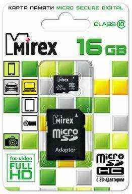 Флеш карта microSD 16GB Mirex microSDHC Class 10 (SD адаптер) (13613-AD10SD16)