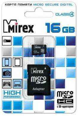 Флеш карта microSD 16GB Mirex microSDHC Class 4 (SD адаптер) (13613-ADTMSD16)