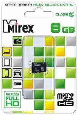 Флеш карта microSD 8GB Mirex microSDHC Class 10 (13612-MC10SD08)