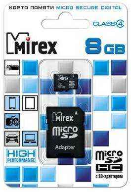 Флеш карта microSD 8GB Mirex microSDHC Class 4 (SD адаптер) (13613-ADTMSD08)