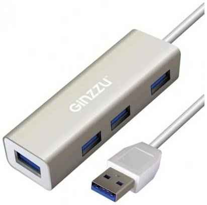 Концентратор Ginzzu GR-517UB 4-х портовый USB 3.0 индикатор питания, встроенный интерфейсный кабель - 20 см, алюминиевый корпус, серебристый 2034667729