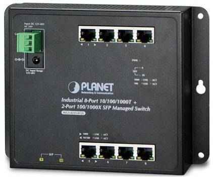 Planet IP30, IPv6 / IPv4, 8-Port 1000TP + 2-Port 100 / 1000F SFP Wall-mount Managed Ethernet Switch (-40 to 75 C), dual redundant power input on 12-48VDC  /  24VAC (WGS-4215-8T2S)