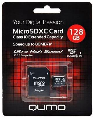 Micro SecureDigital 128Gb QUMO QM128GMICSDXC10U3 {MicroSDXC Class 10 UHS-I, SD adapter}