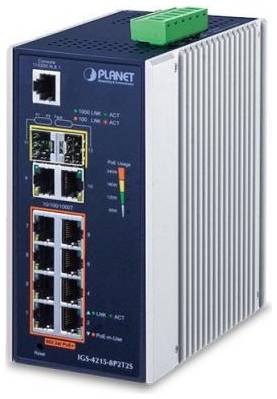 Planet IP30 Industrial L2 / L4 8-Port 10 / 100 / 1000T 802.3at PoE + 2-Port 10 / 100 / 100T + 2-Port 100 / 1000X SFP Managed Switch (-40~75 degrees C), dual redundant po (IGS-4215-8P2T2S)