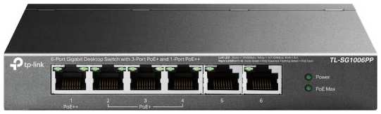 TP-Link TL-SG1006PP, Настольный коммутатор с 6 гигабитными портами (3 порта PoE+, 1 порт PoE++), 802.3af/at/bt 3-го типа, бюджет PoE — 64 Вт, стальной 2034945671