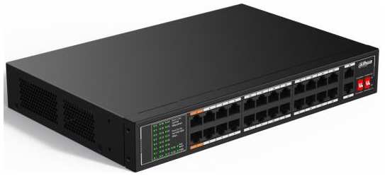 DAHUA DH-SF1026LP 26-портовый неуправляемый коммутатор с РоЕ, 24xRJ45 100Mb PoE, 2xRJ45 1Gb uplink, суммарно 190Вт, коммутация 8.8 Гбит/с, MAC-таблица 2034949461