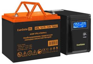 Комплект ИБП EX295986RUS + батарея 75Aч EX285653RUS 1шт (инвертор, синус, для котла) ExeGate SineTower SZ-600.LCD.AVR.1SH<600VA/360W, чистый синус