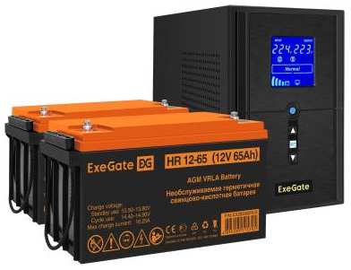Комплект ИБП EX295987RUS + батарея 65Aч EX282982RUS 2шт (инвертор, синус, для котла) ExeGate SineTower SZ-1000.LCD.AVR.2SH.1C13.USB<1000VA/800W, ч