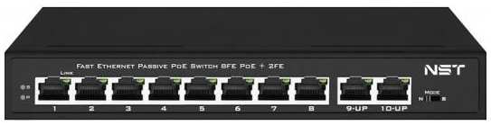 NST Passive PoE коммутатор Fast Ethernet на 10 портов. Порты: 8 х FE (10/100 Base-T, 52V 4,5(+) 7,8(–)) совместимы с PoE (IEEE 802.3af/at), 2 x FE (10/100 2034975650