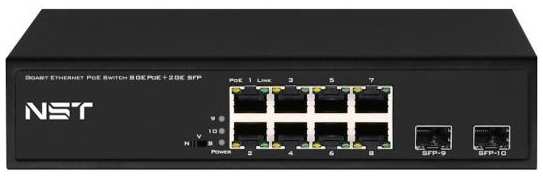 NST PoE коммутатор Gigabit Ethernet на 8 RJ45 + 2 SFP порта. Порты: 8 х GE (10/100/1000 Base-T) с поддержкой PoE (IEEE 802.3af/at), 2 x GE SFP (1000 Base- 2034975653