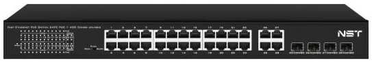 NST PoE коммутатор Fast Ethernet на 24 x RJ45 портов + 4 x GE Combo uplink порта. Порты: 24 x FE (10/100 Base-T) с поддержкой PoE (IEEE 802.3af/at), 4 x G