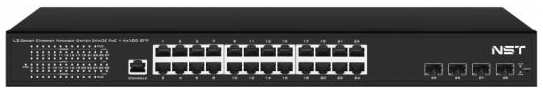 NST Управляемый L3 PoE коммутатор на 24xGE RJ-45 c PoE + 4х10G SFP+ порта. Порты: 2 x GE (10/100/1000 Base-T) с PoE (до 90W, A+B) + 22 x GE (10/100/1000 B 2034975748