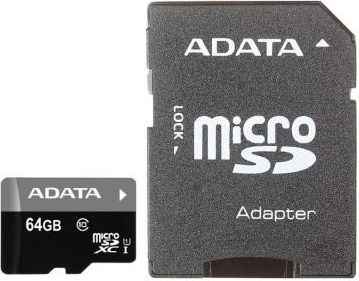 Карта памяти Micro SDXC 64Gb Class 10 A-Data AUSDX64GUICL10-RA1 + адаптер SD