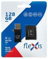 Карта памяти microSDXC 128GB Cl10 U1, c адаптером и USB картридером, Flexis (FX128GMSDXCU1)