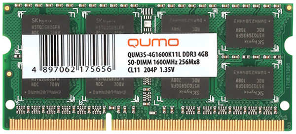 Модуль памяти Qumo DDR3 SO-DIMM 1600MHz PC-12800 CL11 - 4Gb QUM3S-4G1600K11L 21055225