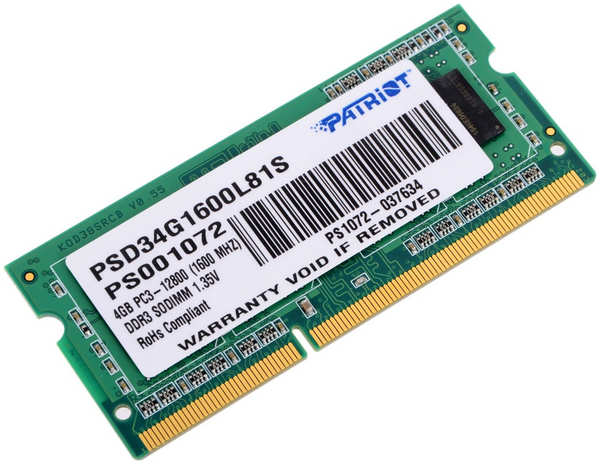 Модуль памяти Patriot Memory DDR3L SO-DIMM 1600Mhz PC3-12800 CL11 - 4Gb PSD34G1600L81S